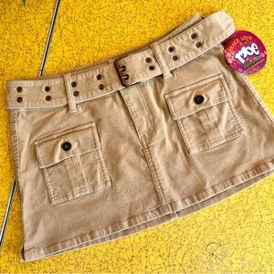Dead Stock Vintage Y2k Tan Corduroy Cargo Mini Skirt with Chunky Grommet Belt